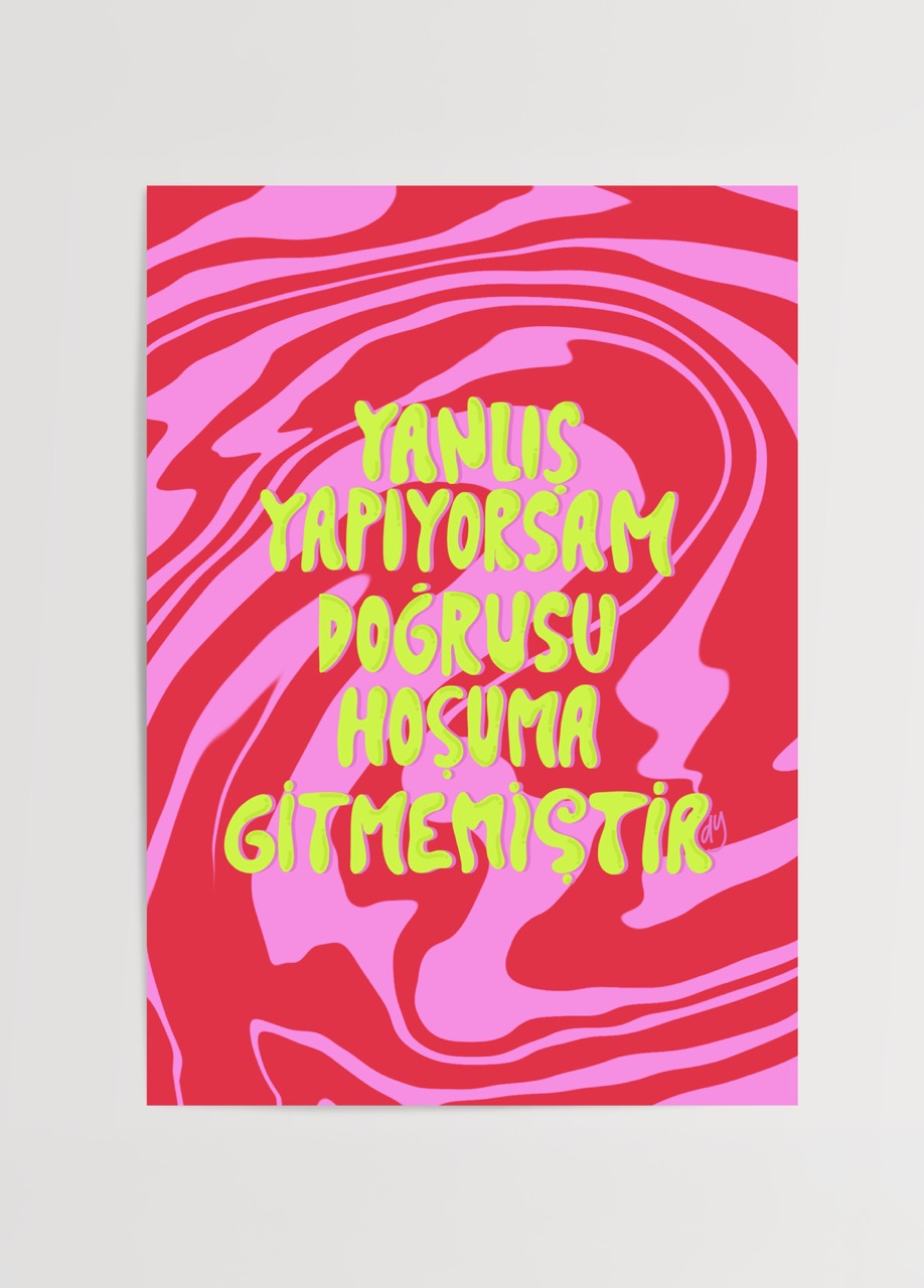 Vibrant poster print with bold typography and abstract swirl design.
