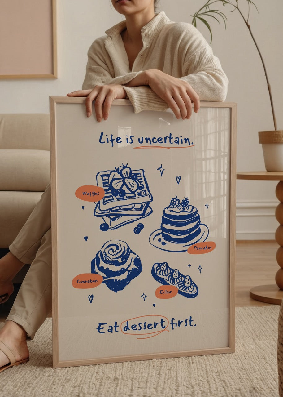 Whimsical dessert poster featuring illustrations of pancakes, waffles and cinnamon rolls.