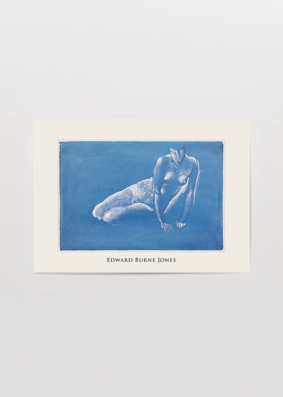 A serene blue figure art print showcasing a tranquil pose.