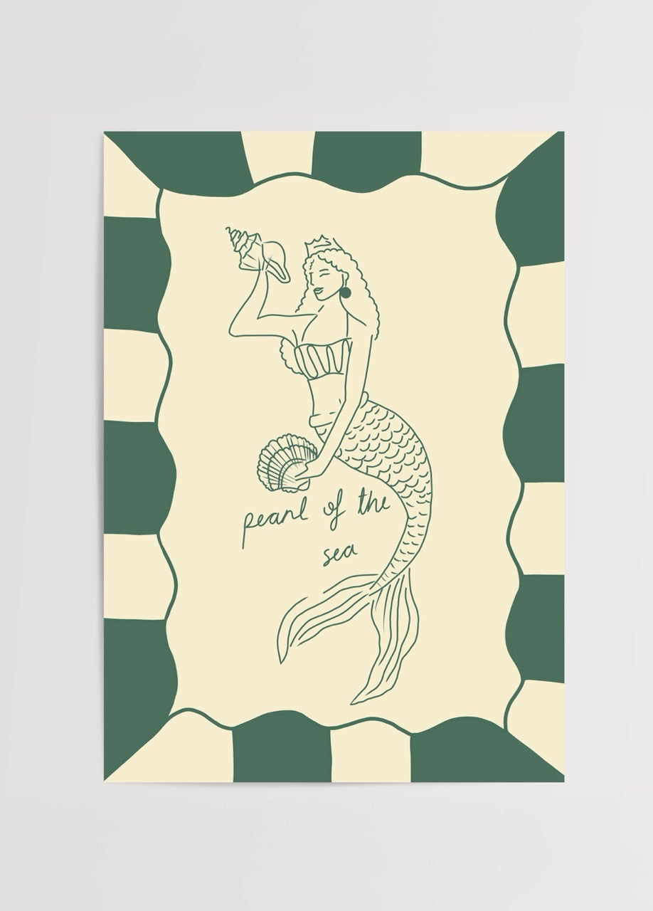 Illustrative wall art of a mermaid holding a shell, in green and beige tones.