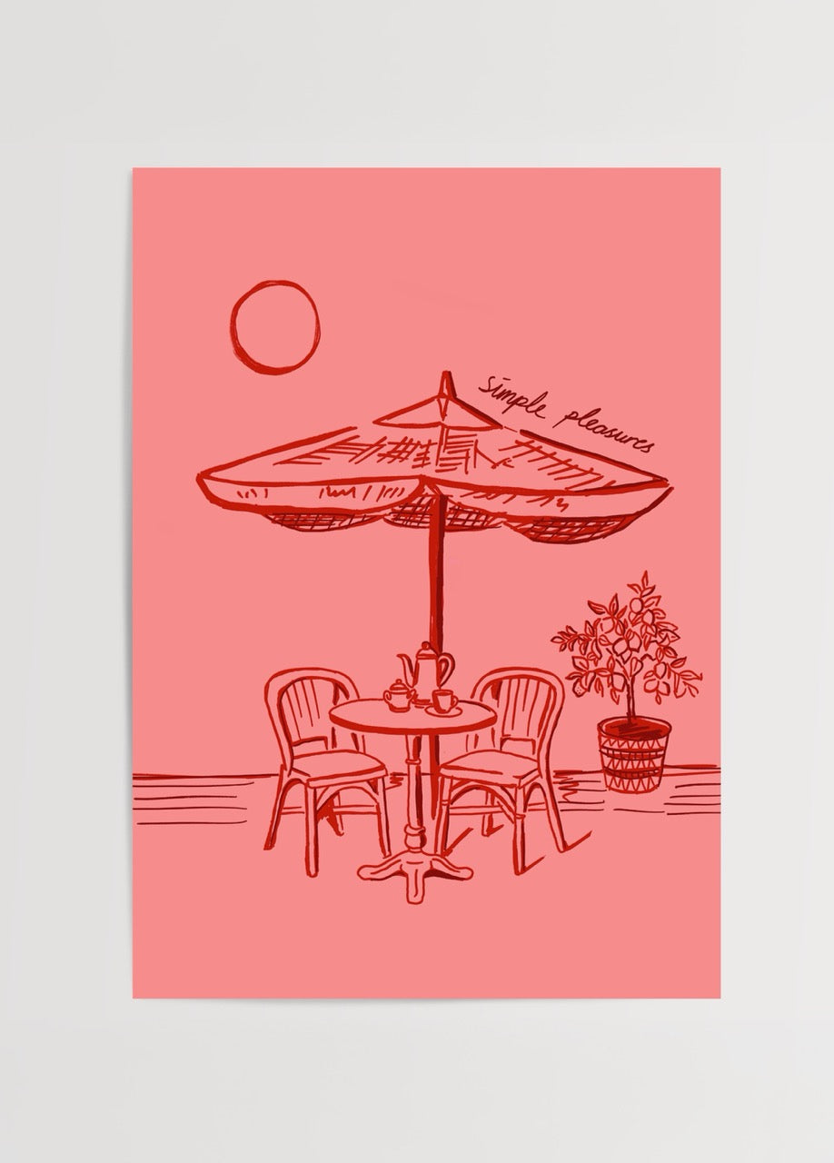 Artwork featuring a simple outdoor setting with a table, chairs, and an umbrella in warm tones.