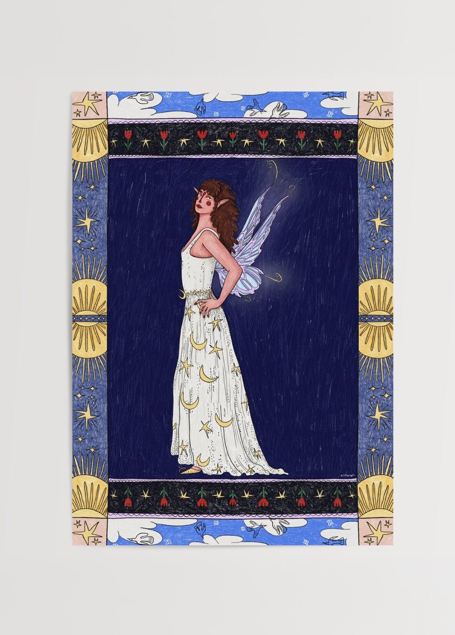 Enchanting Fairy Poster Print featuring a whimsical fairy in a gown with celestial motifs.