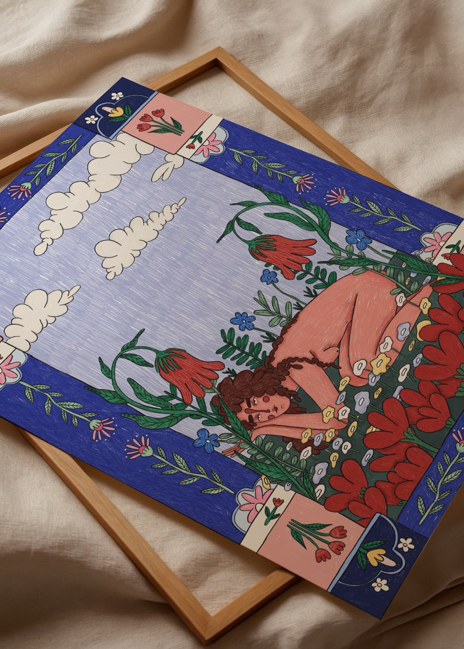 A vibrant poster print of a serene figure surrounded by tulips and flowers in a whimsical landscape.