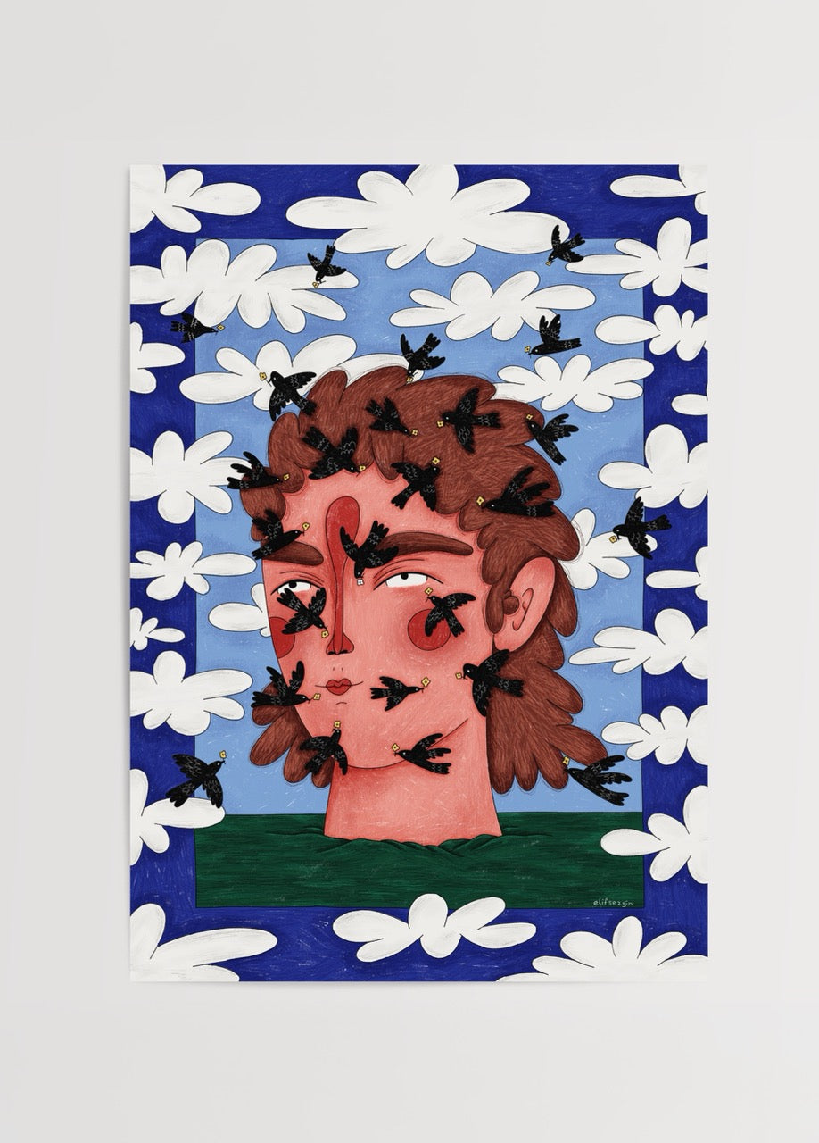 Surreal artwork featuring birds and a dreamlike face against a vibrant background.
