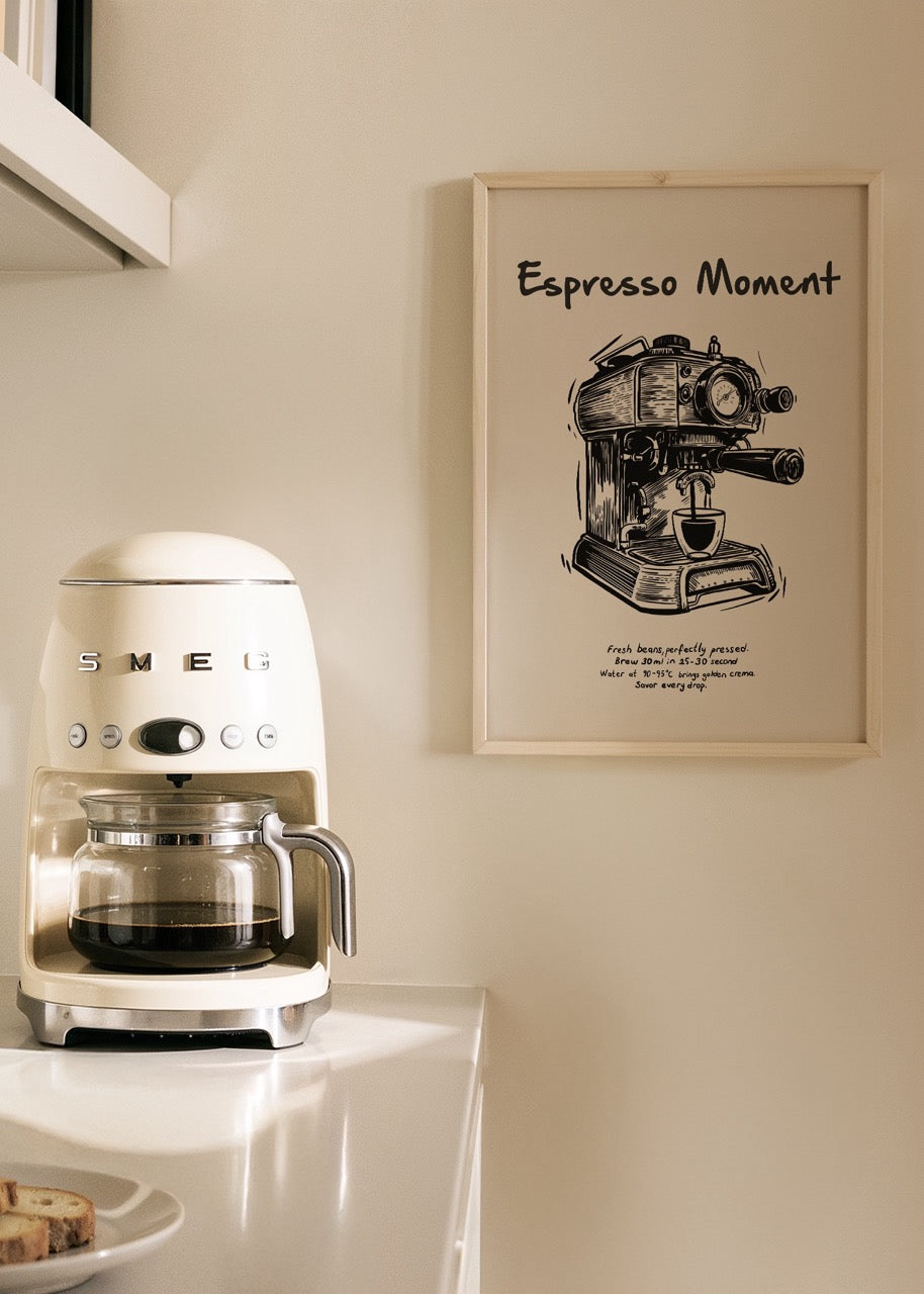Espresso Moment Poster Print featuring a vintage espresso machine illustration.