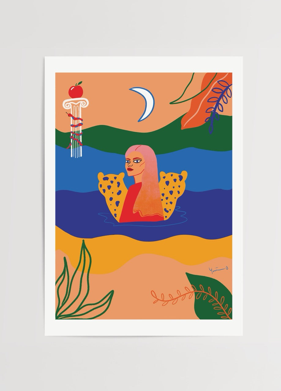 Colourful abstract artwork featuring a figure in a vibrant landscape.