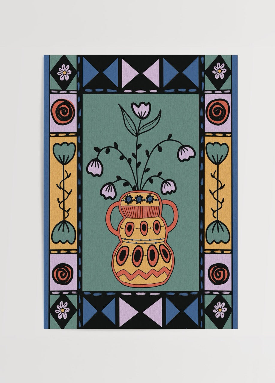 Ethnic Flowers Poster Print featuring a vibrant vase with flowers.