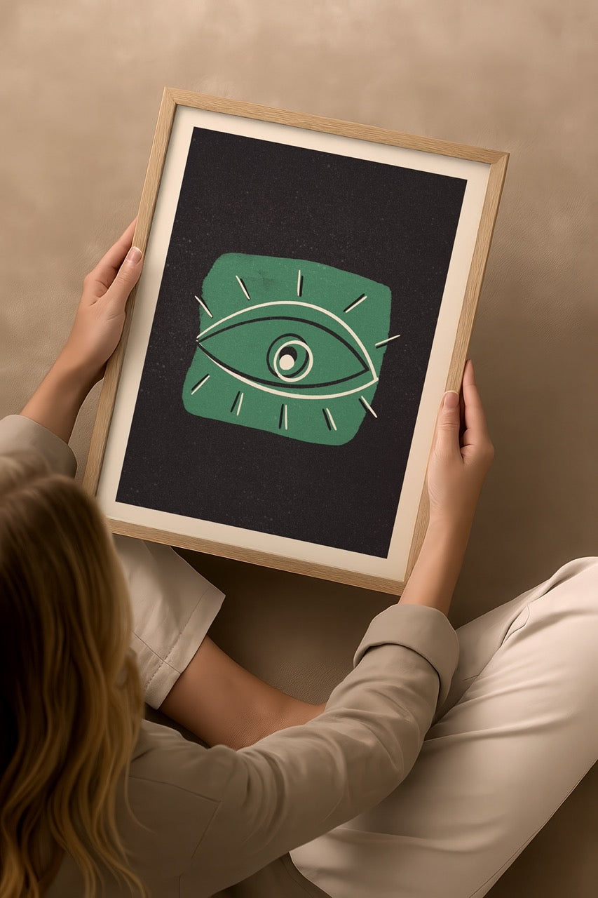 A modern eye illustration on a black background, showcasing bold design.