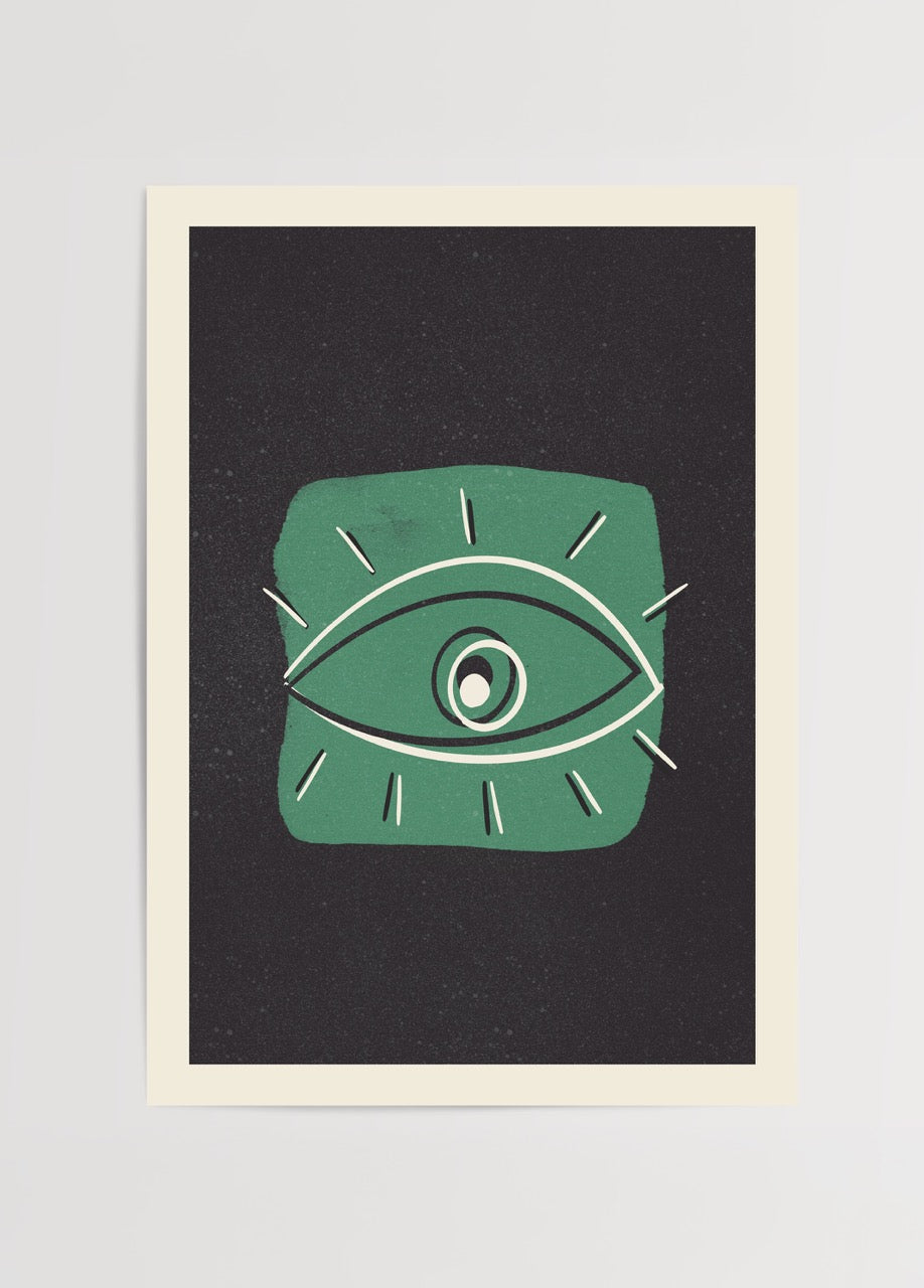 A modern eye illustration on a black background, showcasing bold design.
