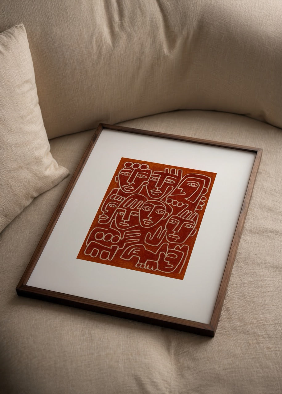 Disaster Poster Print featuring abstract faces and vibrant lines.