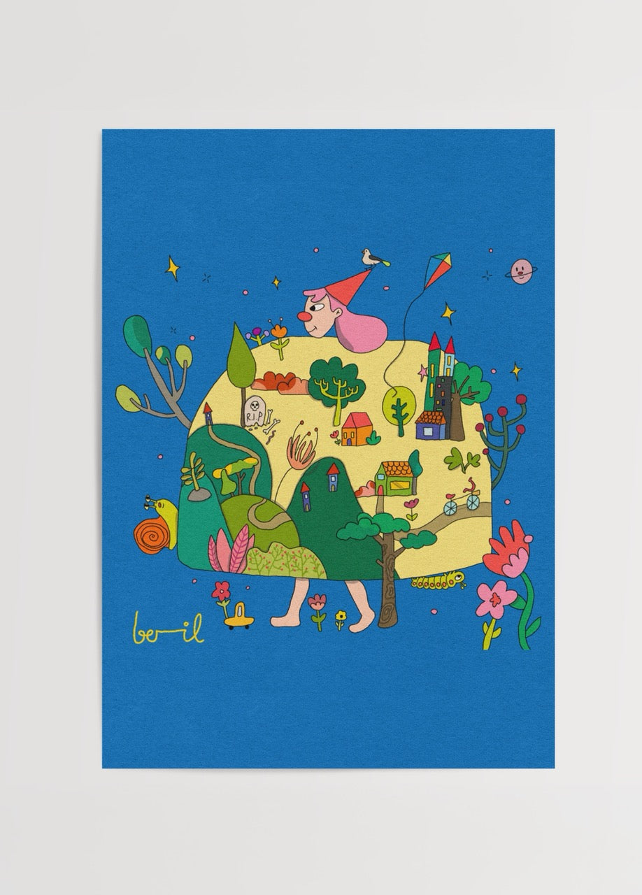 Vibrant poster print featuring a whimsical landscape and colourful elements.