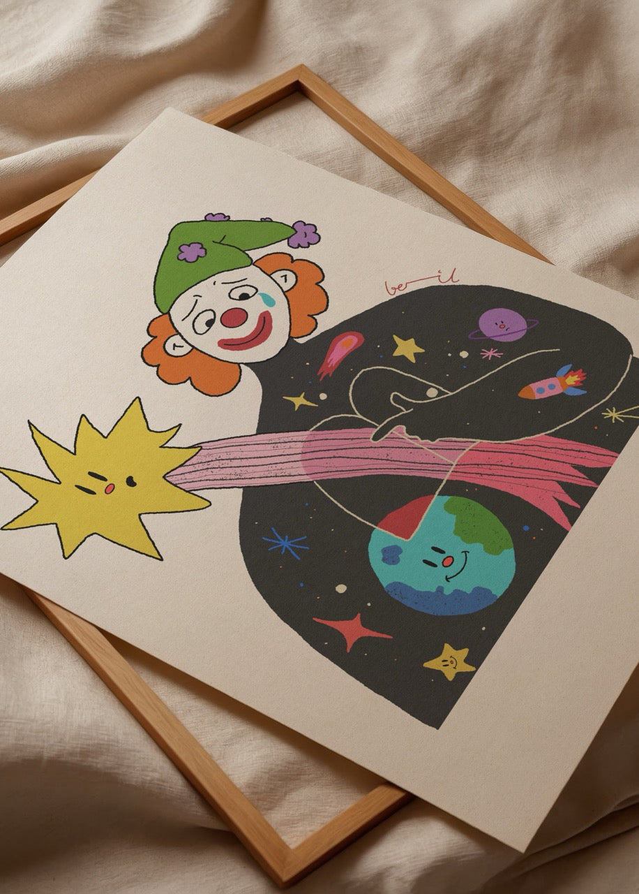 A whimsical poster featuring a clown with cosmic elements, promoting self-acceptance.