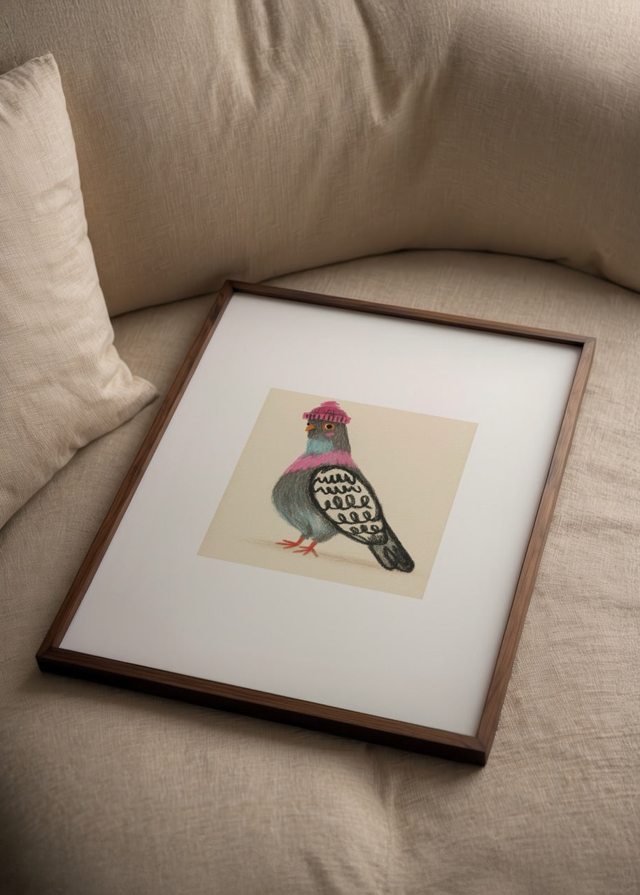 Whimsical bird illustration on a beige background for wall art.