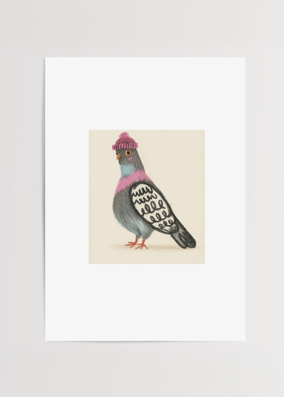 Whimsical bird illustration on a beige background for wall art.