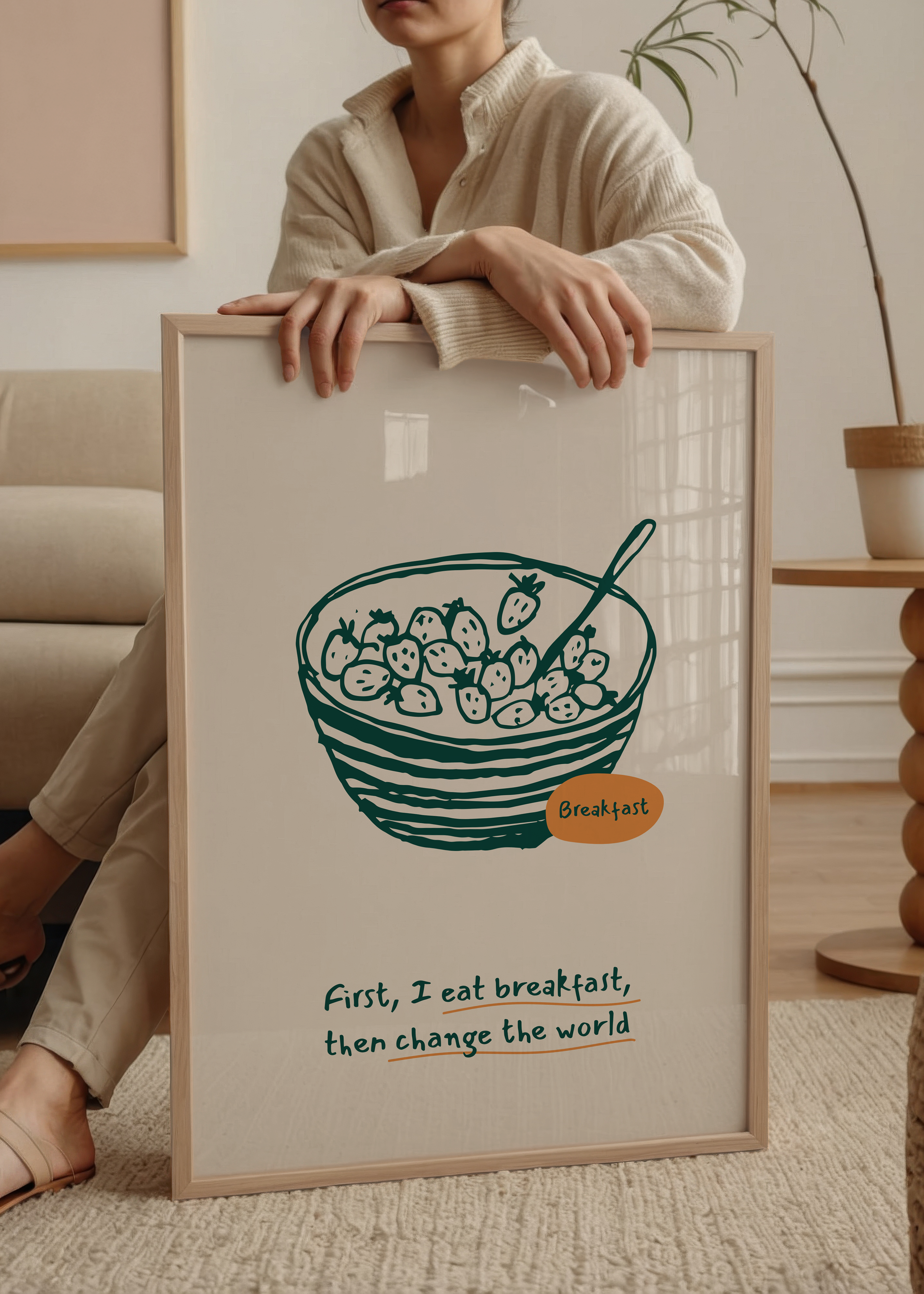 Whimsical breakfast bowl illustration with a motivational quote.