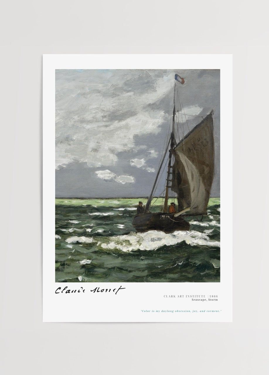 Art print of a sailing boat in stormy seas with dramatic clouds.