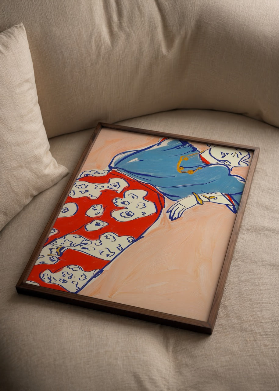 Vibrant floral trousers artwork in bold colours, perfect for wall art.