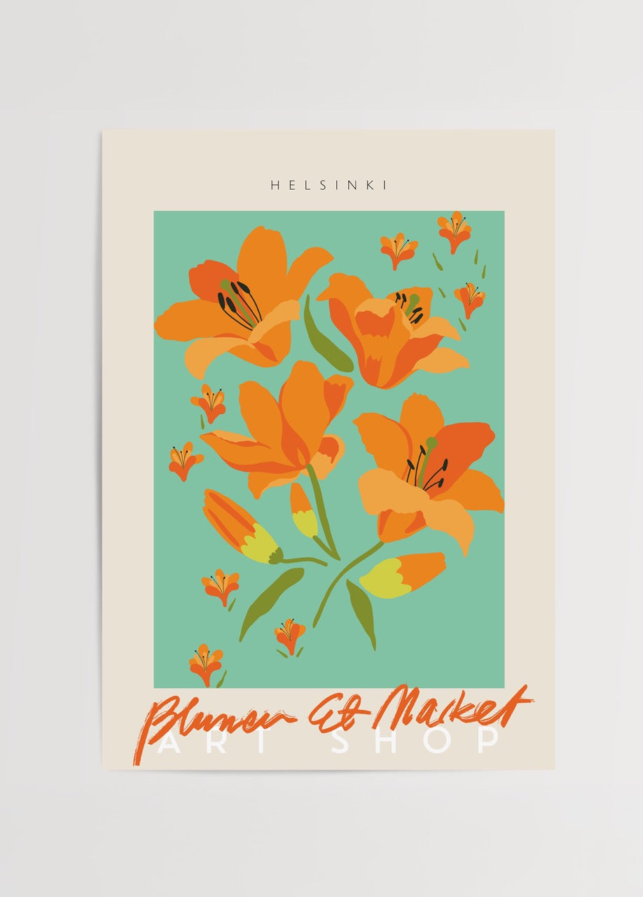 Vibrant floral print featuring orange lilies on turquoise background.
