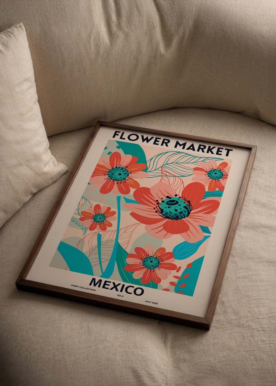 Vibrant floral market print featuring colorful flowers and leaves.