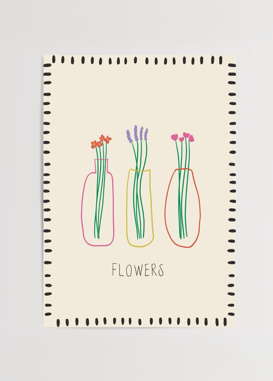 Whimsical poster print featuring flowers in vases against a beige background.