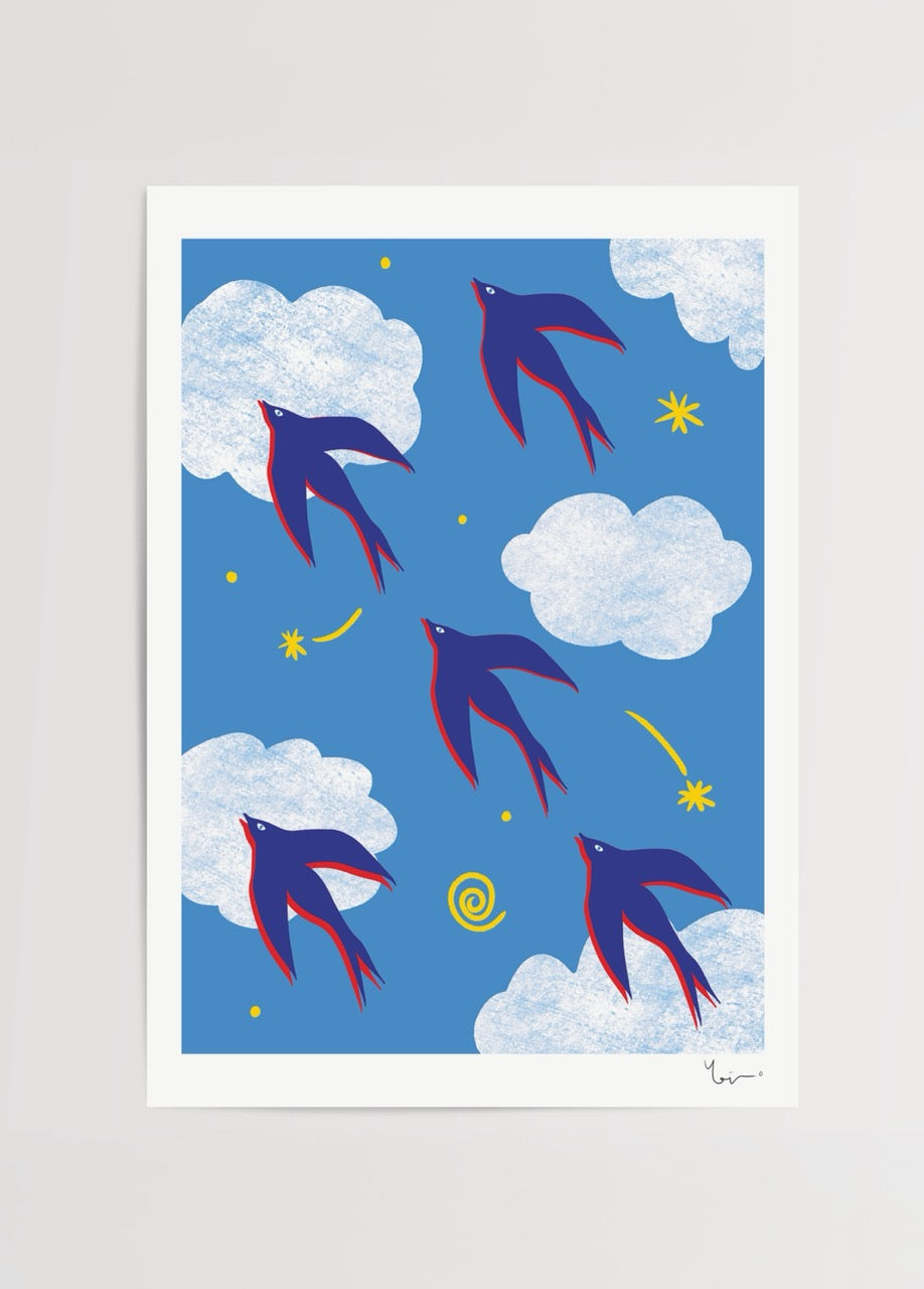 Vibrant poster print depicting whimsical birds flying in a blue sky with clouds.