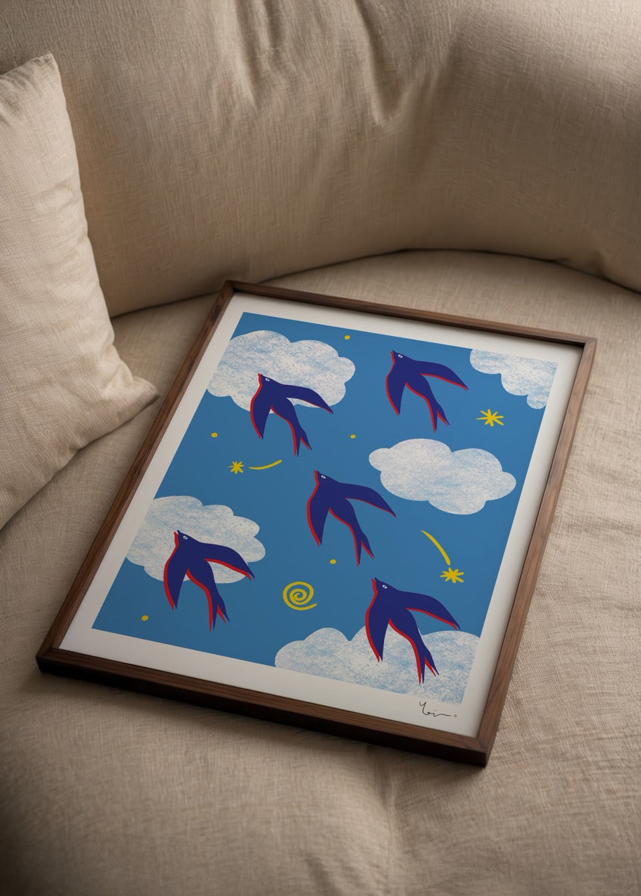 Vibrant poster print depicting whimsical birds flying in a blue sky with clouds.