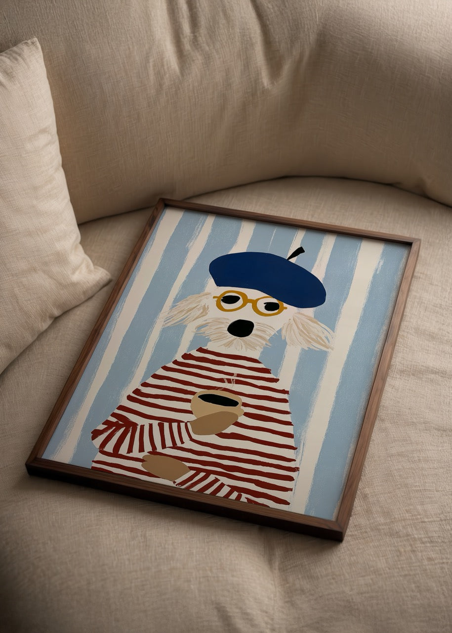 Whimsical illustration of a puppy in a beret and striped shirt.