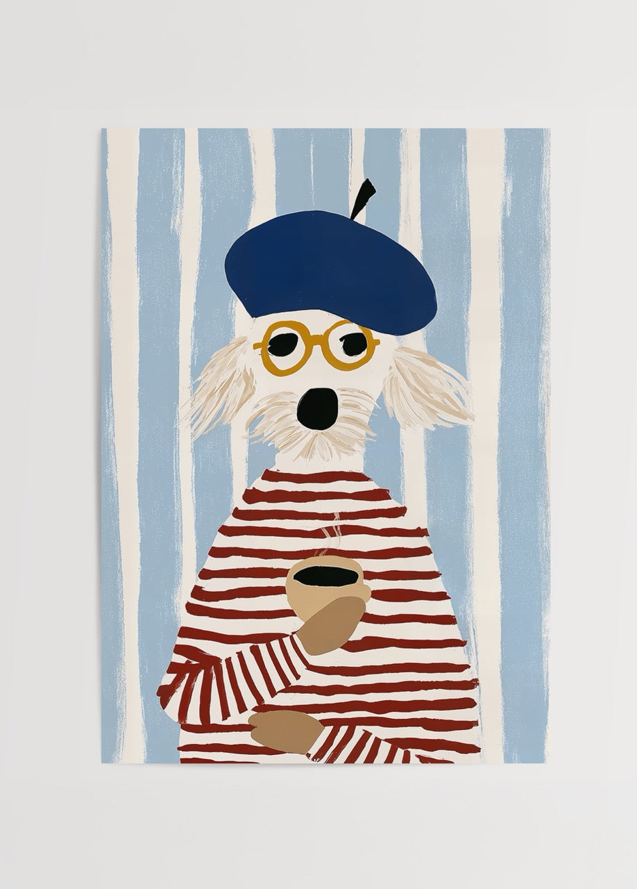 Whimsical illustration of a puppy in a beret and striped shirt.