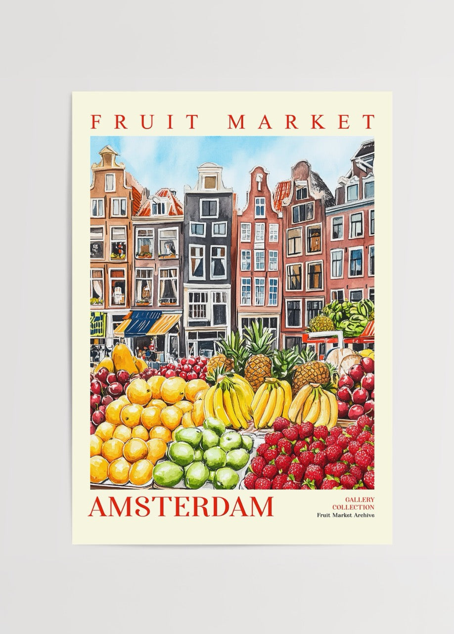 Vibrant Fruit Market Amsterdam Poster Print showcasing fresh fruits and architecture.