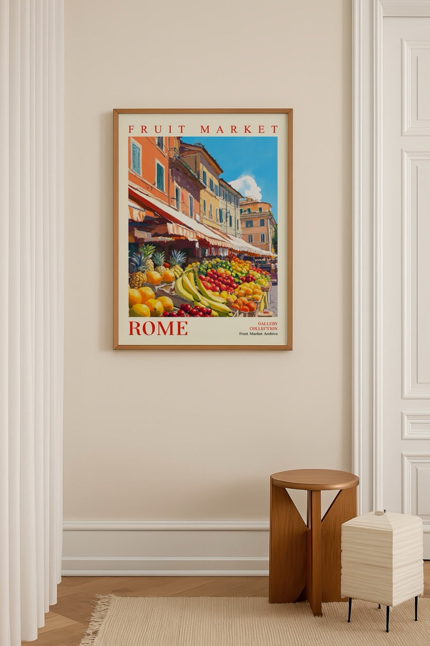 Vibrant artwork of a fruit market in Rome, showcasing colorful produce.