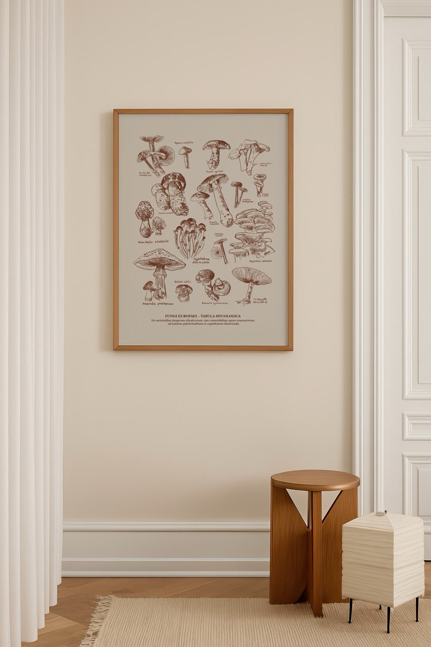 Detailed illustration of various European fungi in earthy tones.