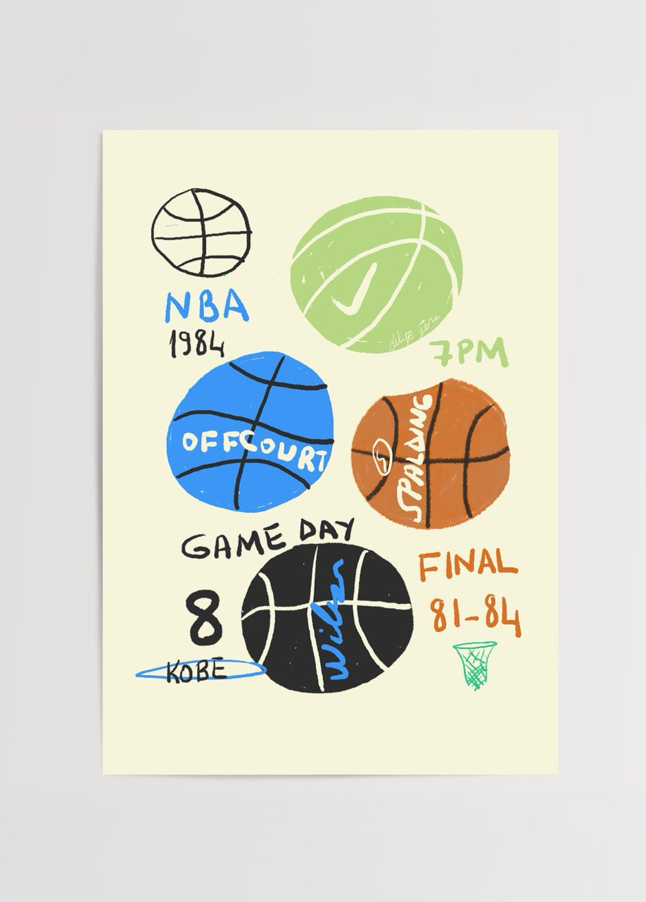 Colorful Game Day Poster Print featuring basketball-themed illustrations.