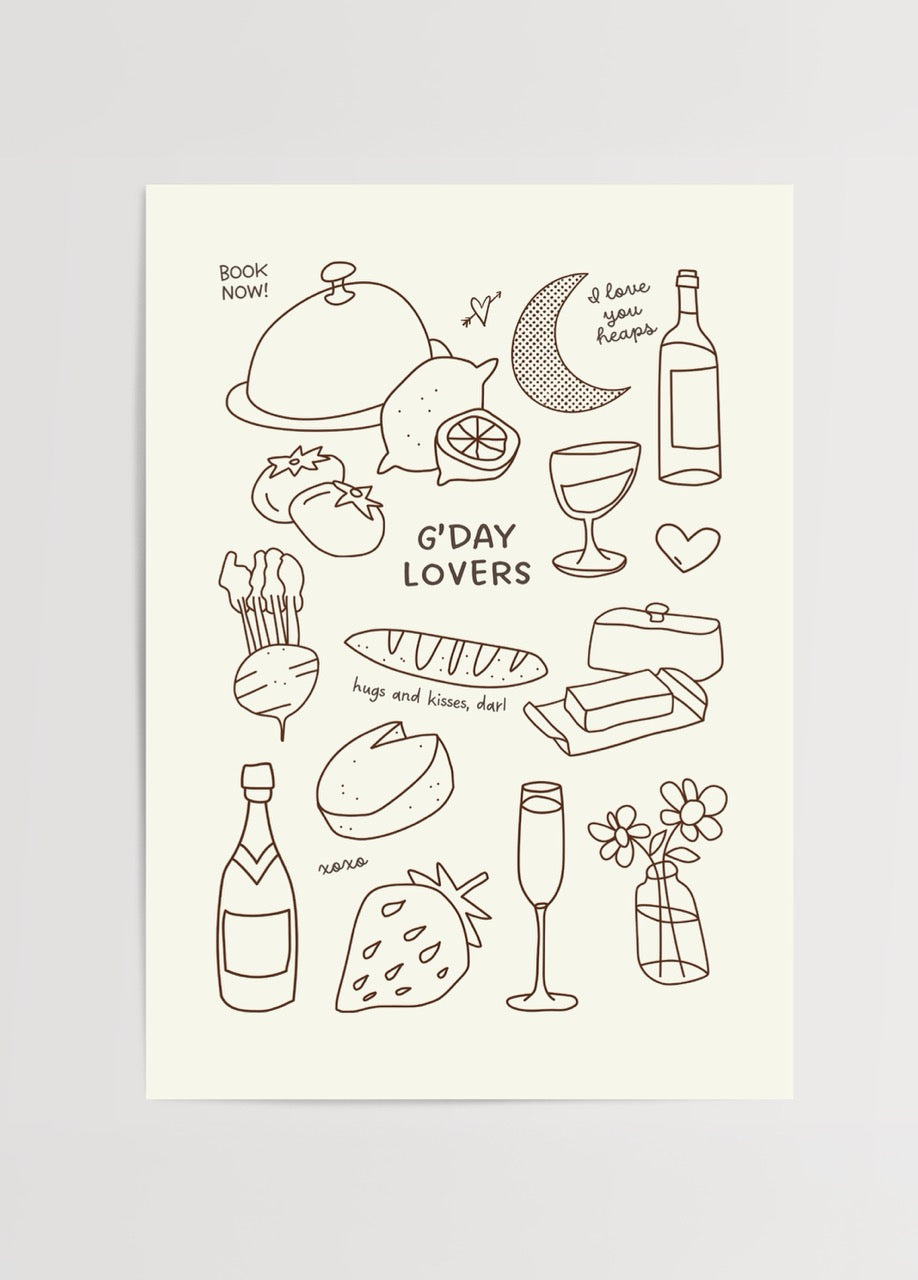 Minimalist poster featuring illustrations of food and drinks with a romantic theme.