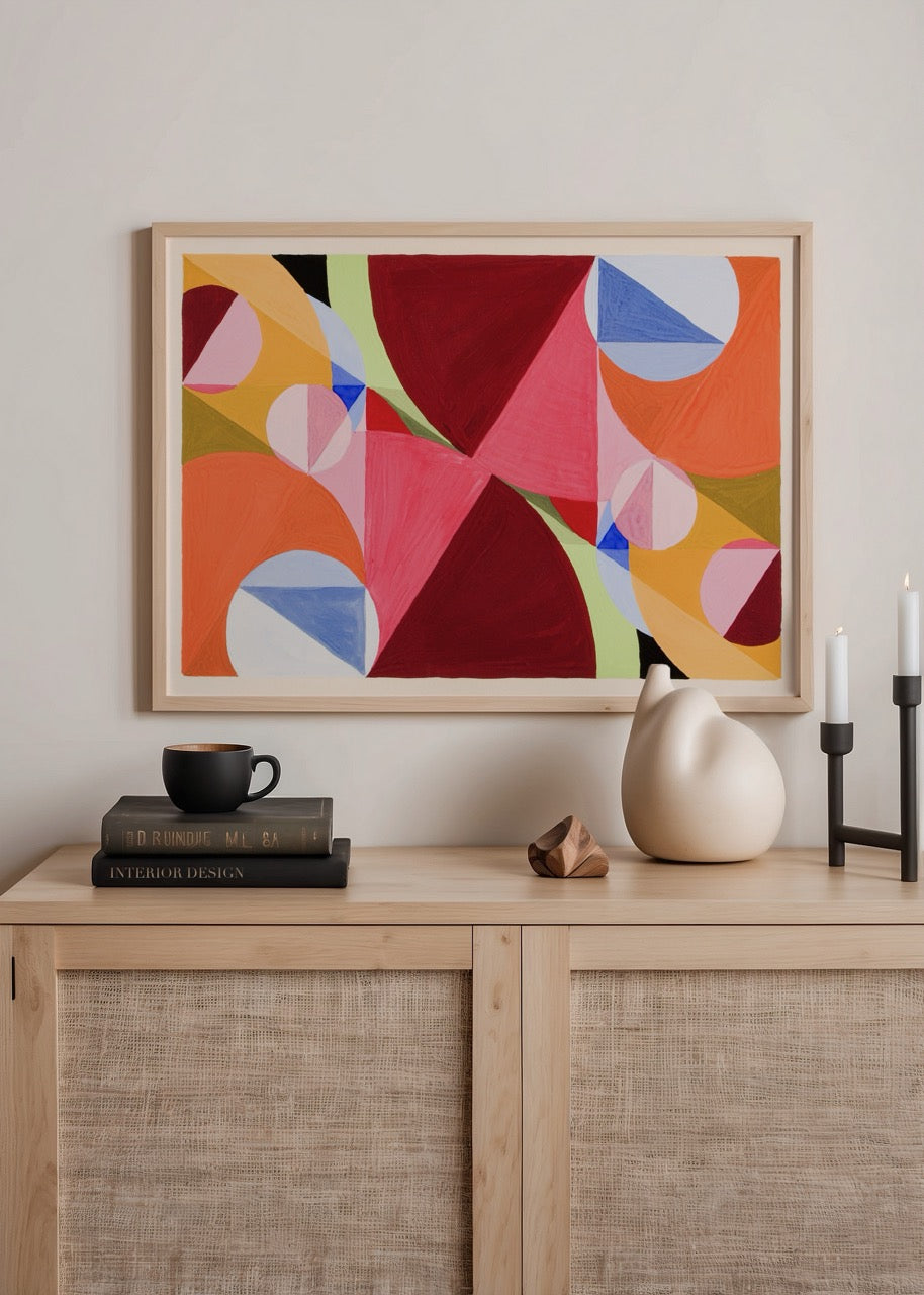 Vibrant geometric abstract poster print showcasing bold shapes and colours.