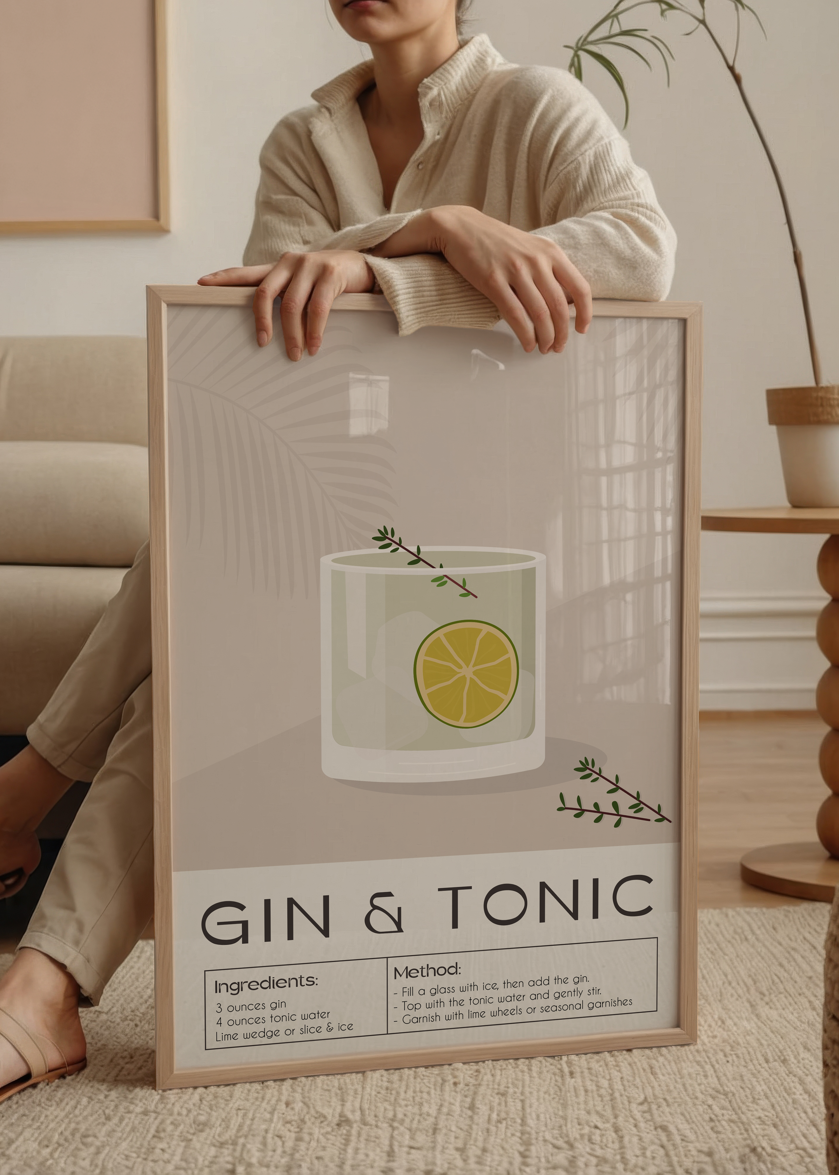 Minimalist art print of a gin and tonic cocktail with lime and herbs.