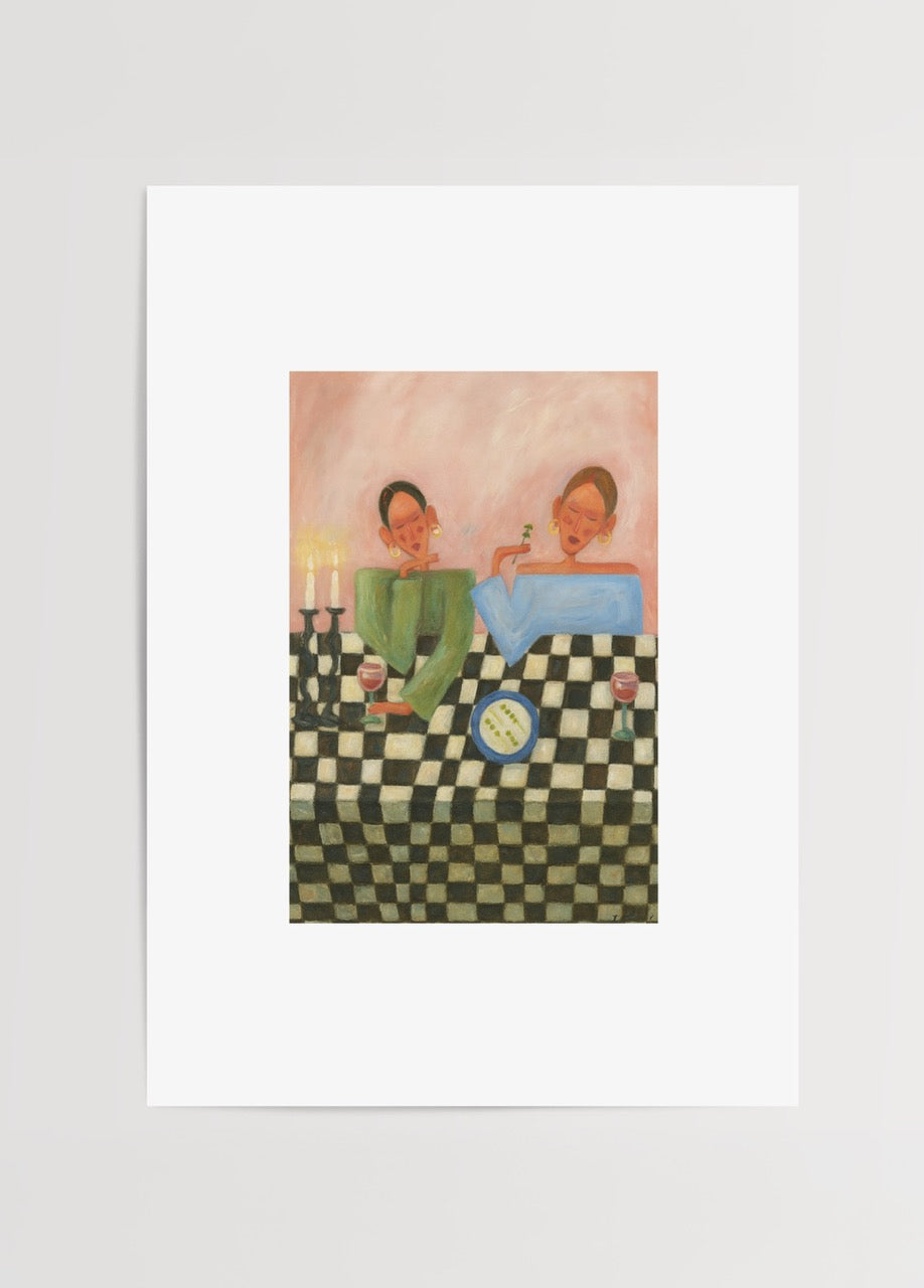 Artwork depicting two friends enjoying an evening together, perfect for wall art.