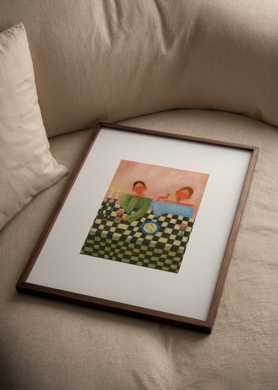 Artwork depicting two friends enjoying an evening together, perfect for wall art.
