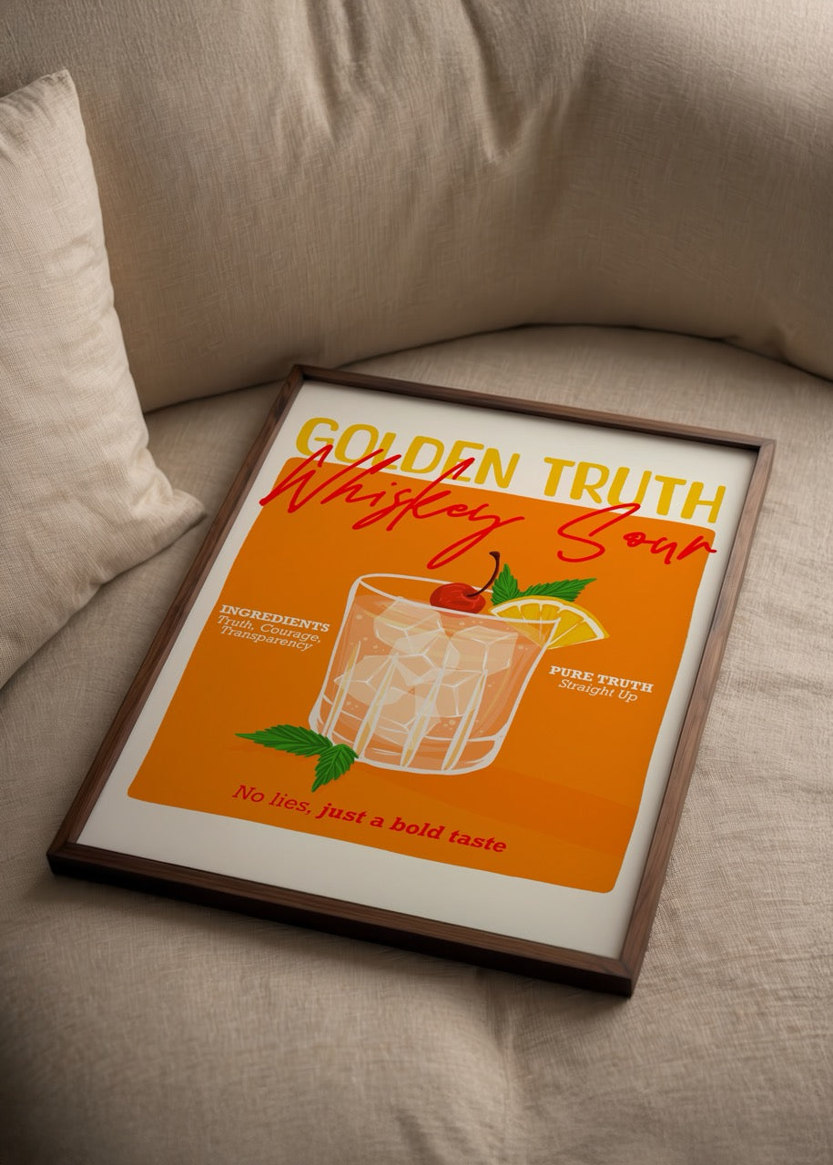 Vibrant Golden Truth Whiskey Sour poster with cocktail illustration.