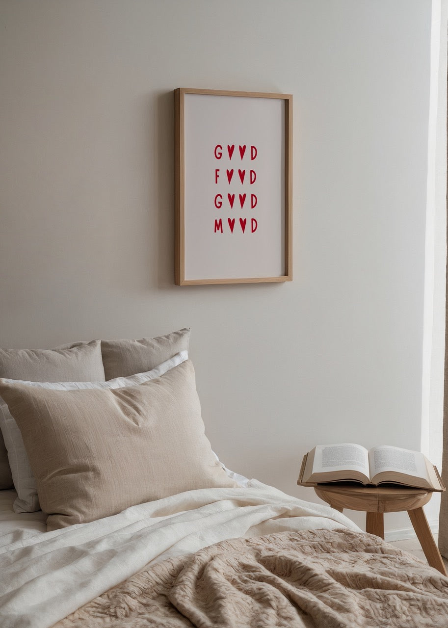 Good Vibes Typography Art Print featuring red hearts and text.