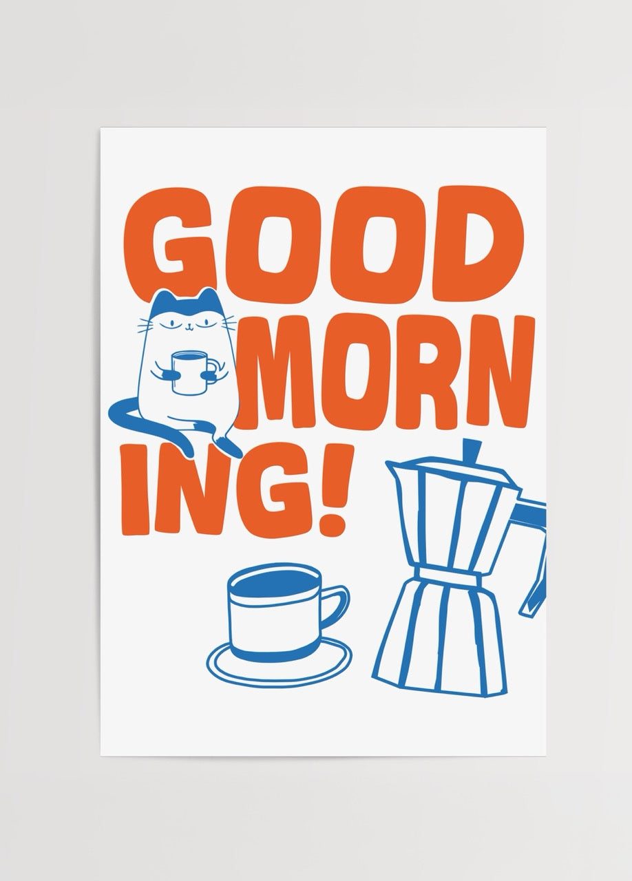 Illustration of a cat with coffee and a coffee pot, vibrant orange text saying &
