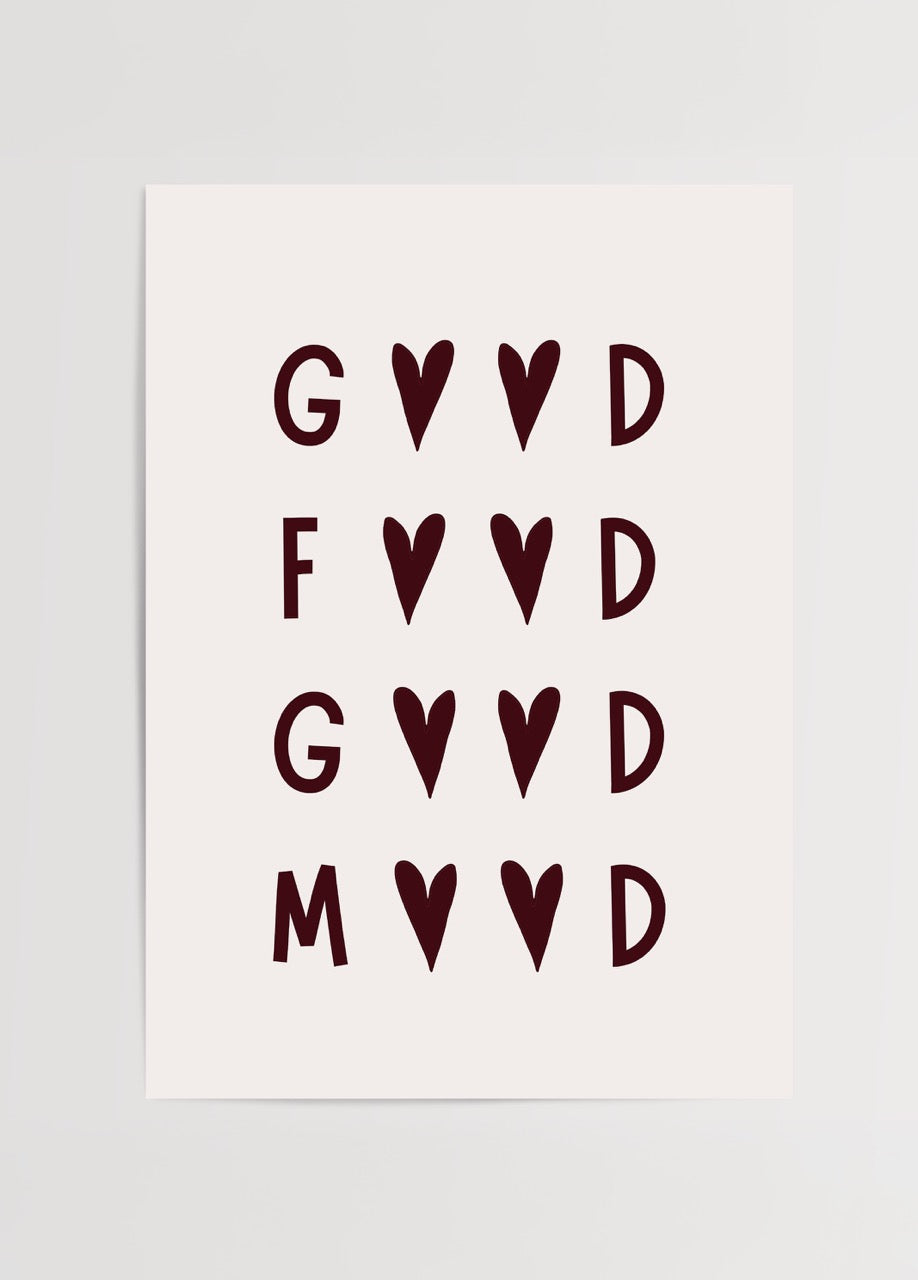Heartfelt Good Vibes Typography Art Print featuring playful text and hearts.