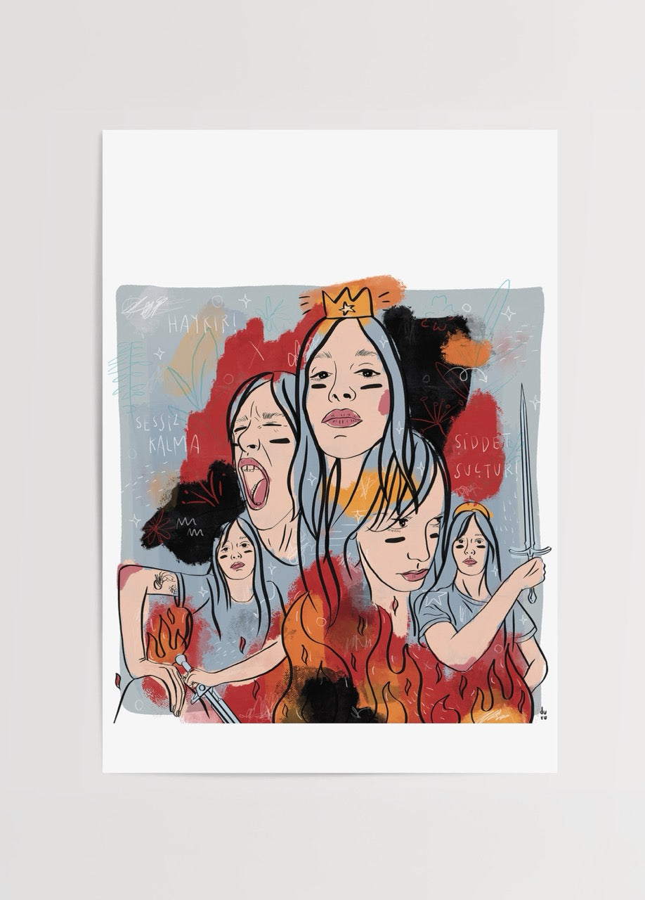 Vibrant illustration poster featuring expressive characters in dynamic poses.