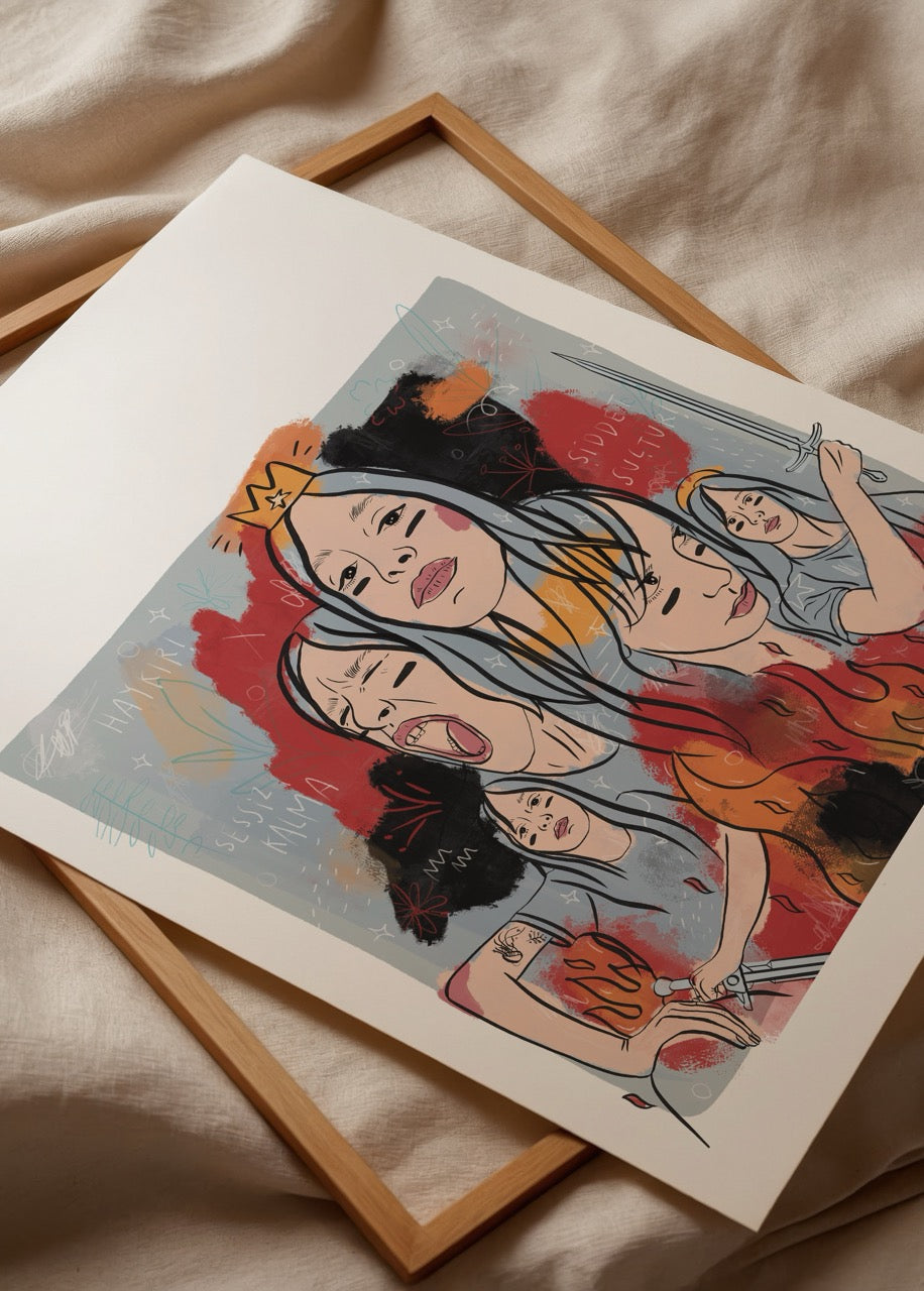 Vibrant illustration poster featuring expressive characters in dynamic poses.