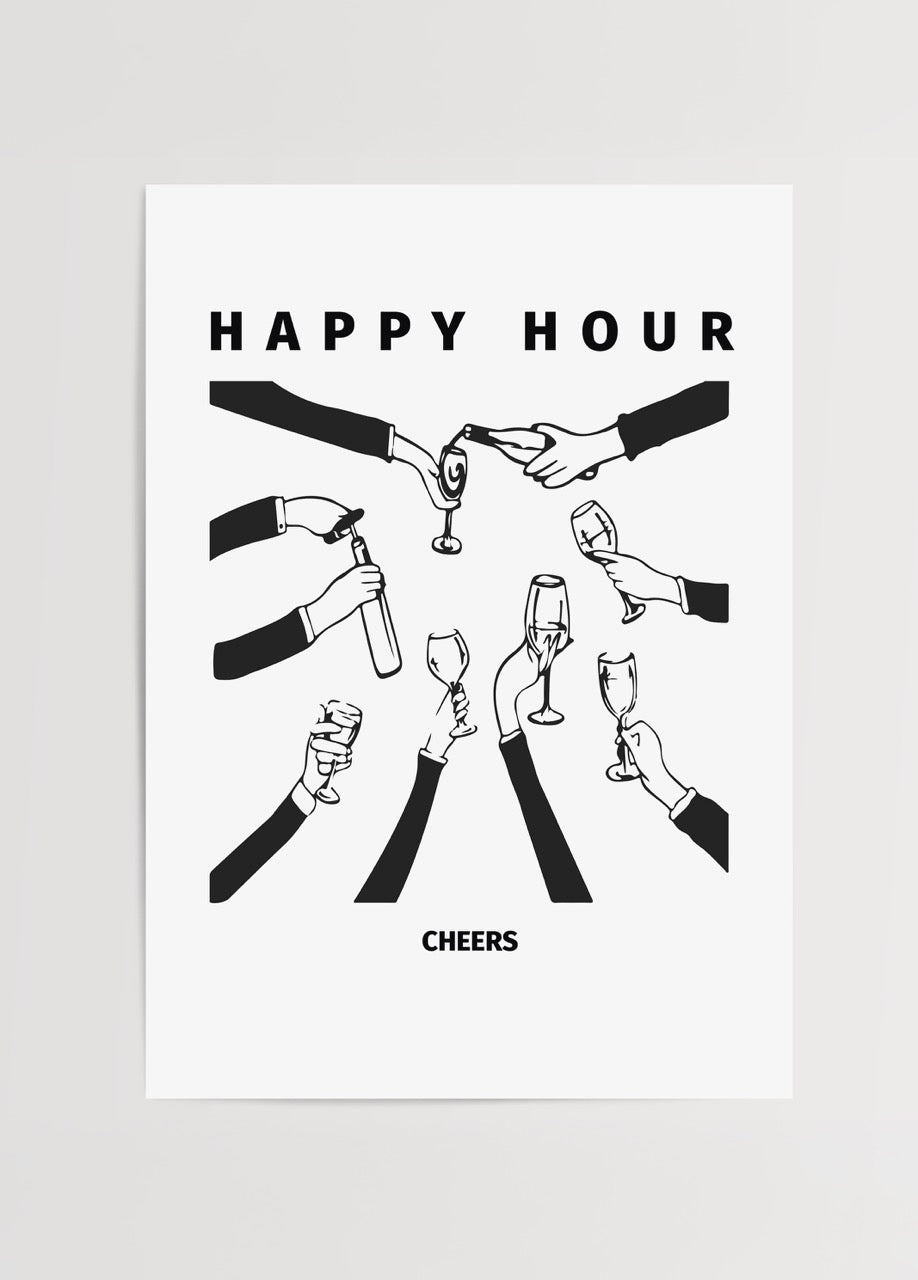 Stylish black and white cocktail art print featuring hands toasting drinks.