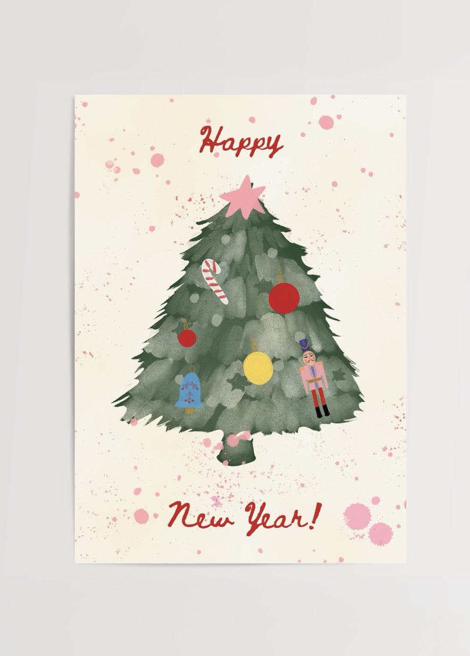 A whimsical illustration of a Christmas tree with decorations and the text &