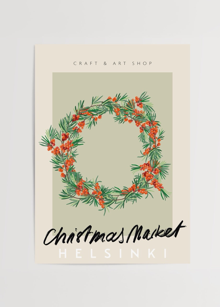 Helsinki holiday wreath print with vibrant berries and green foliage.
