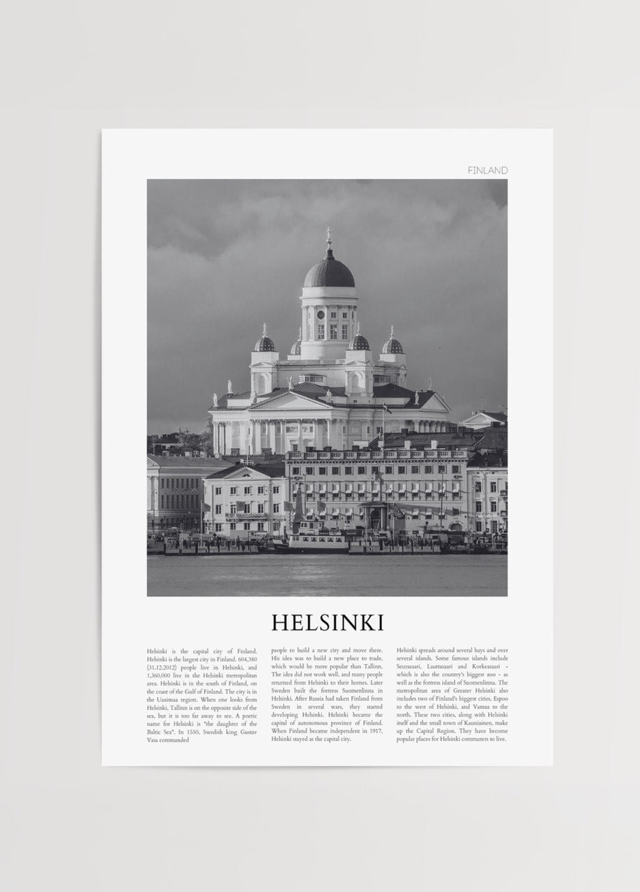 Monochrome artwork depicting the skyline of Helsinki with architectural details.