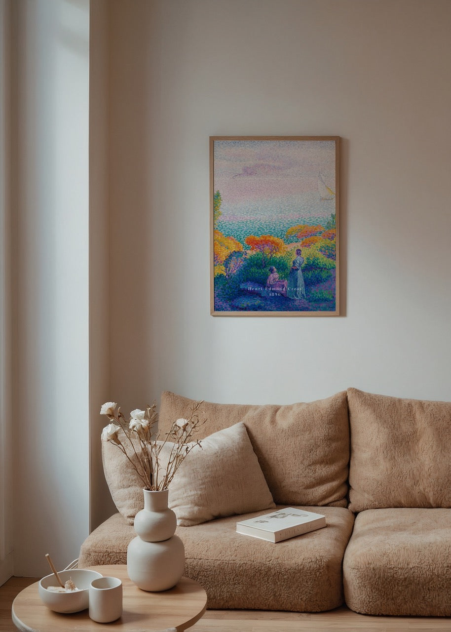 Vibrant seaside landscape artwork featuring lush foliage and calm waters.