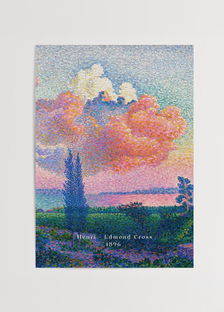 Artful landscape poster featuring dreamy clouds and vibrant colours.