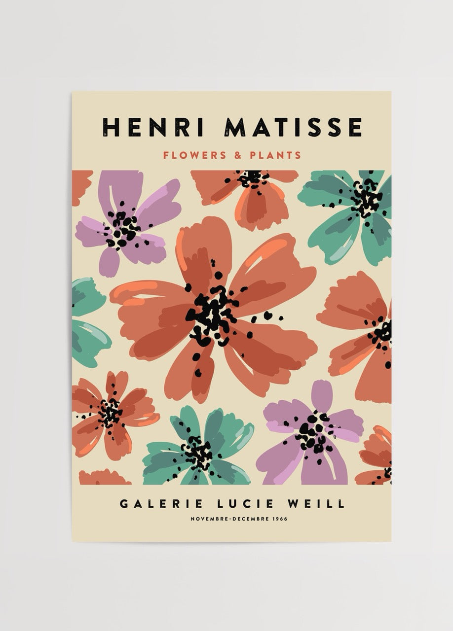 Vibrant floral artwork featuring multicoloured flowers on a cream background.